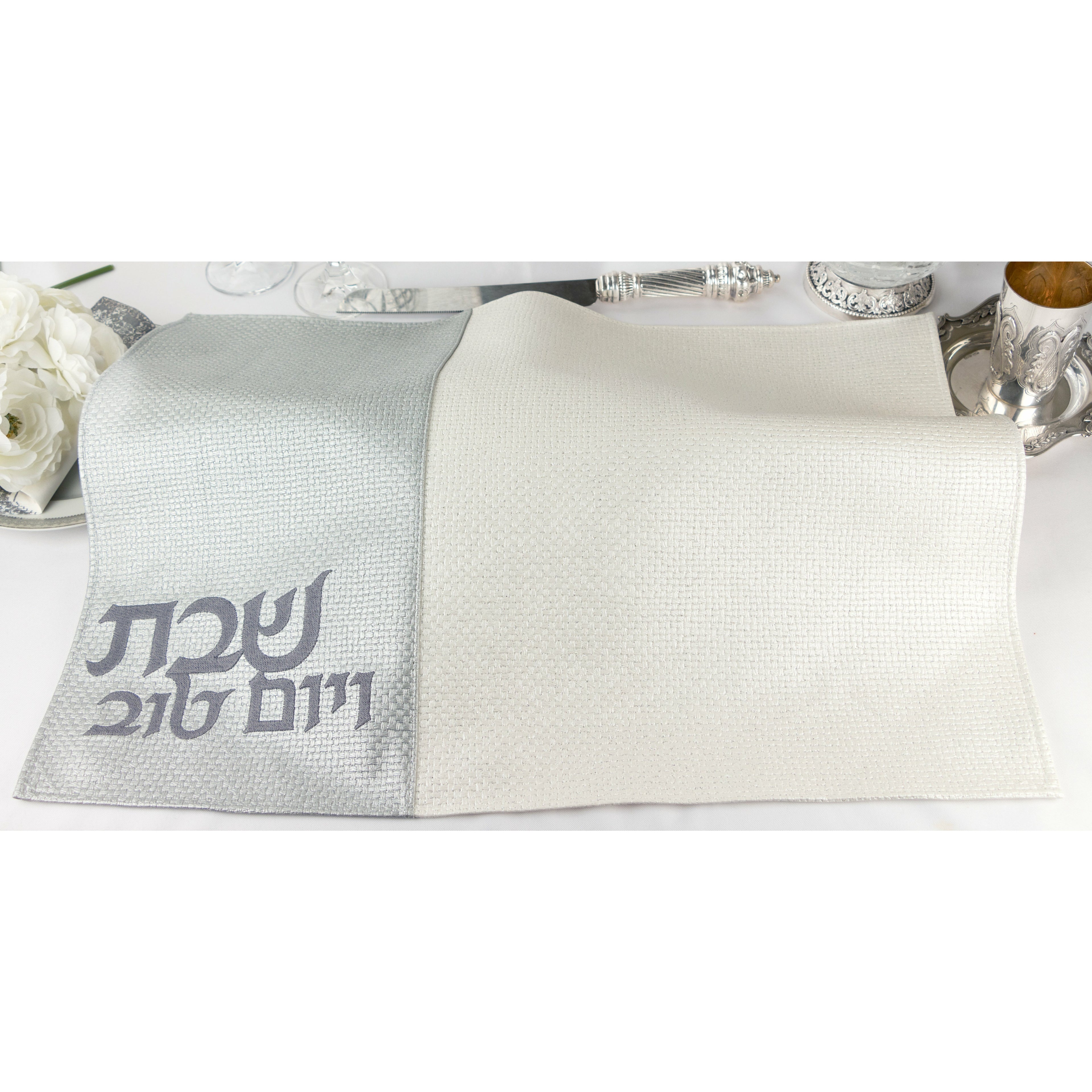 Silver and White Glitter Weave Vertical Challah Cover