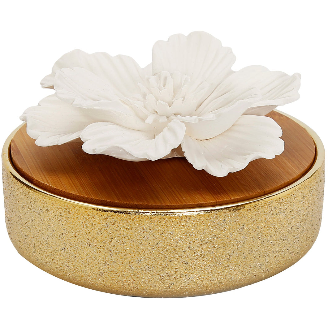 Glossy Gold Hemispheric Shaped Diffuser with Flat White Flower